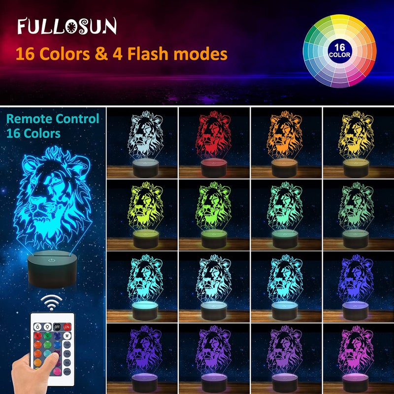 FULLOSUN Lion Night Light, King Lion Gift 3D Illusion Lamp for Kids Bedside Lamp with Remote Control 16 Color Changing Xmas Halloween Birthday Gift Cool Room Decor for Child Baby Boy - Image 2